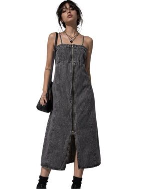 Japanese Acid Wash Denim Midi Dress L XL Grunge Indie Sleaze